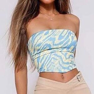 NWT | Tiger Mist Quinne Tube Crop Top | Blue/Yellow Abstract | Size M